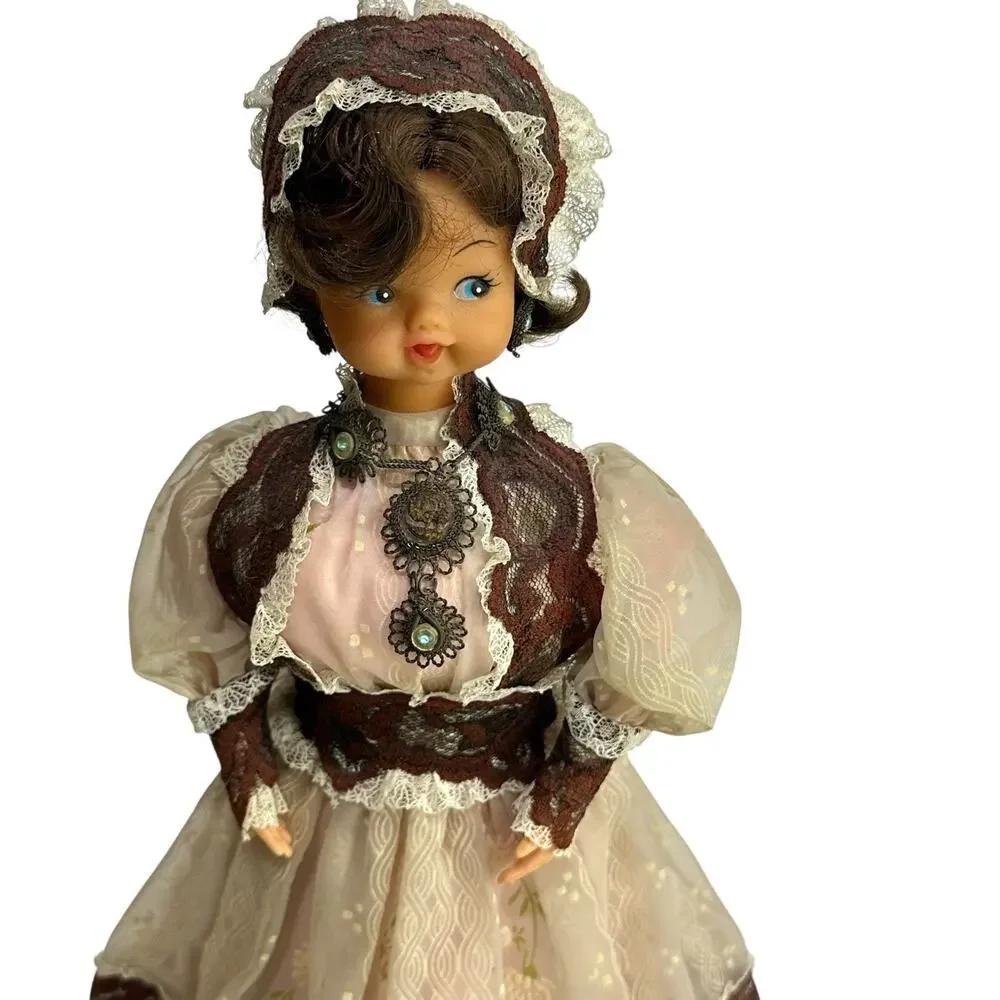 Vintage Victorian Style Souvenir Doll Lace Dress Metal Hoop Skirt 16”